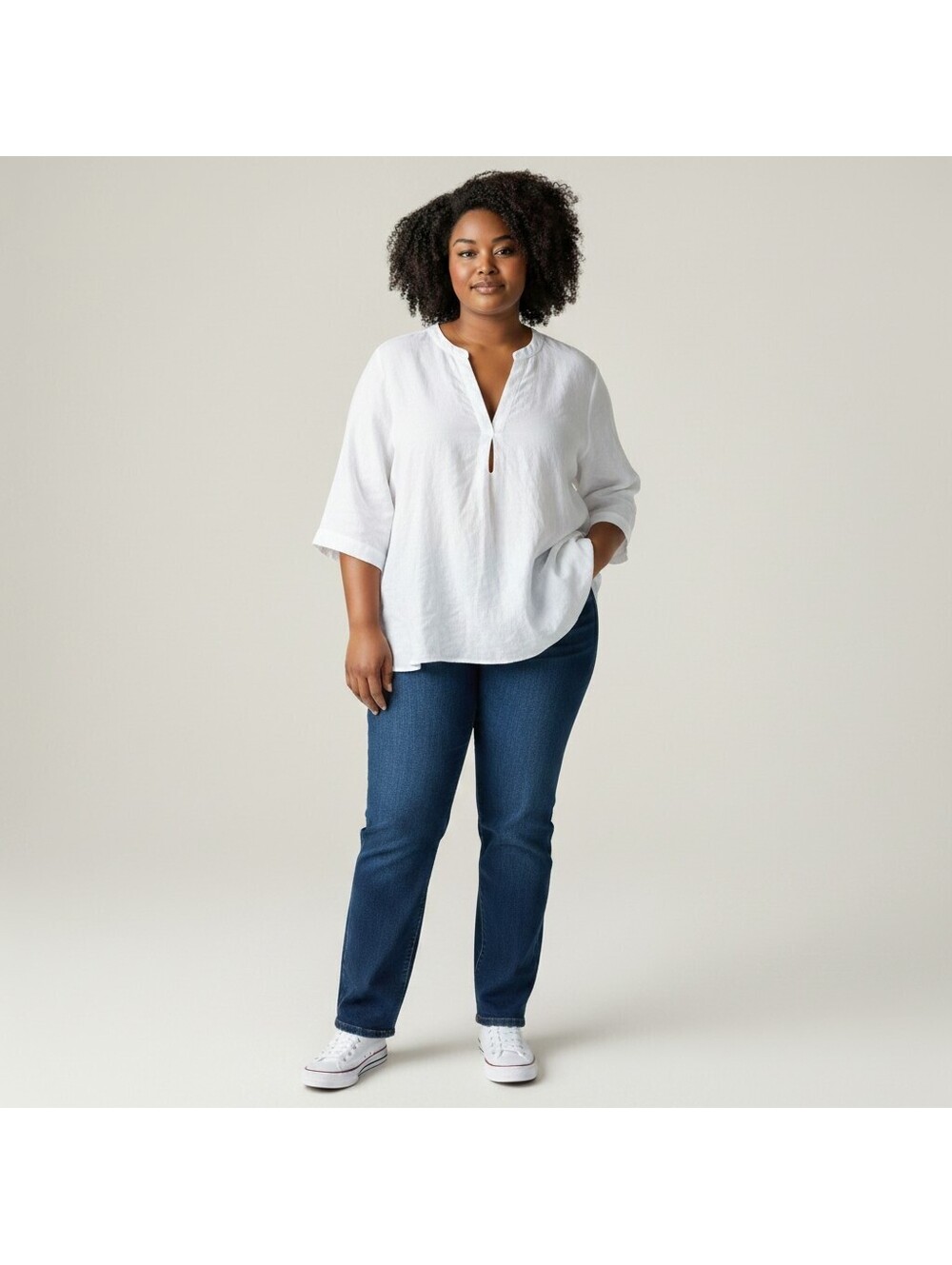 Woman Within Blouse Women 1X Plus White V-Neck 3/4 Sleeve Rayon Casual Solid